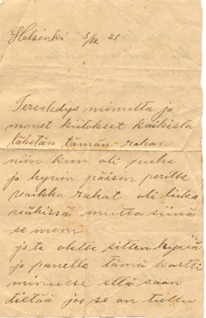 Serafia Holmin kirje 1921 Helsingistä Hietasen perheelle.